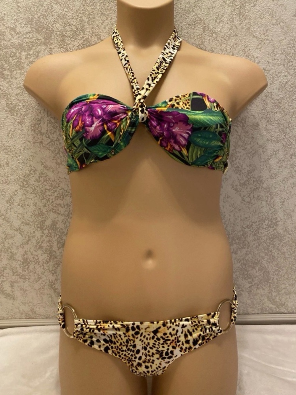 Victoria's Secret Purple & Green Tropical Floral Bikini with Leopard Accents